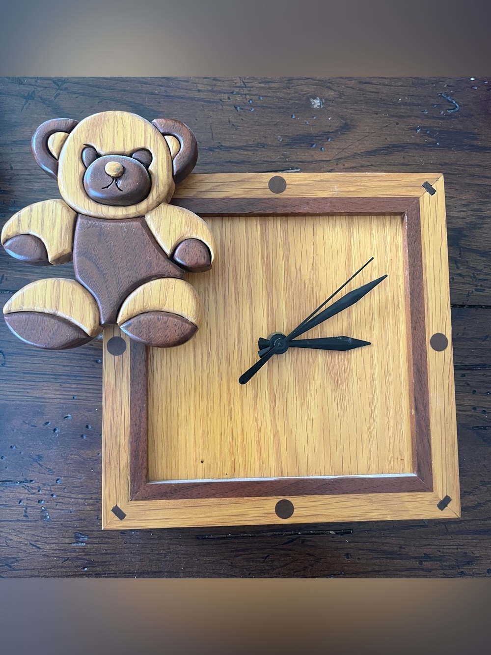 Handcrafted Wooden Inlay  Teddy Bear Clock Quartz Battery Operated Nursery Decor